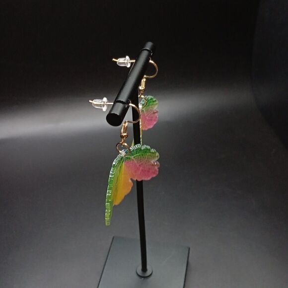 New Colorful Enamel Maple Leaf Goldtone Fall Earrings - Picture 4 of 4